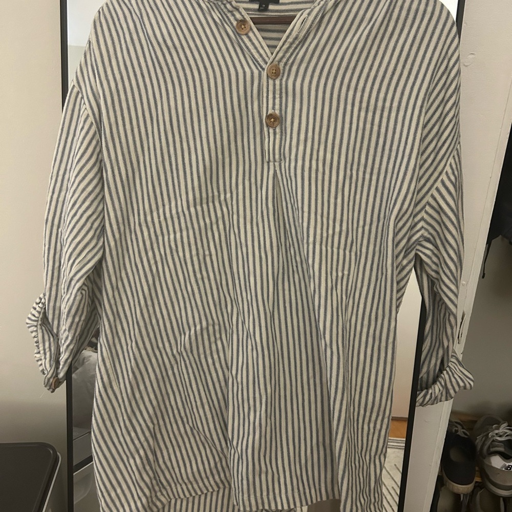 J. Peterman Navy and White Striped Button Down Shirt